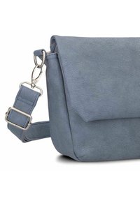Gray, textured leather handbag with a flap closure and adjustable strap; features metal hardware for attachment and structure.