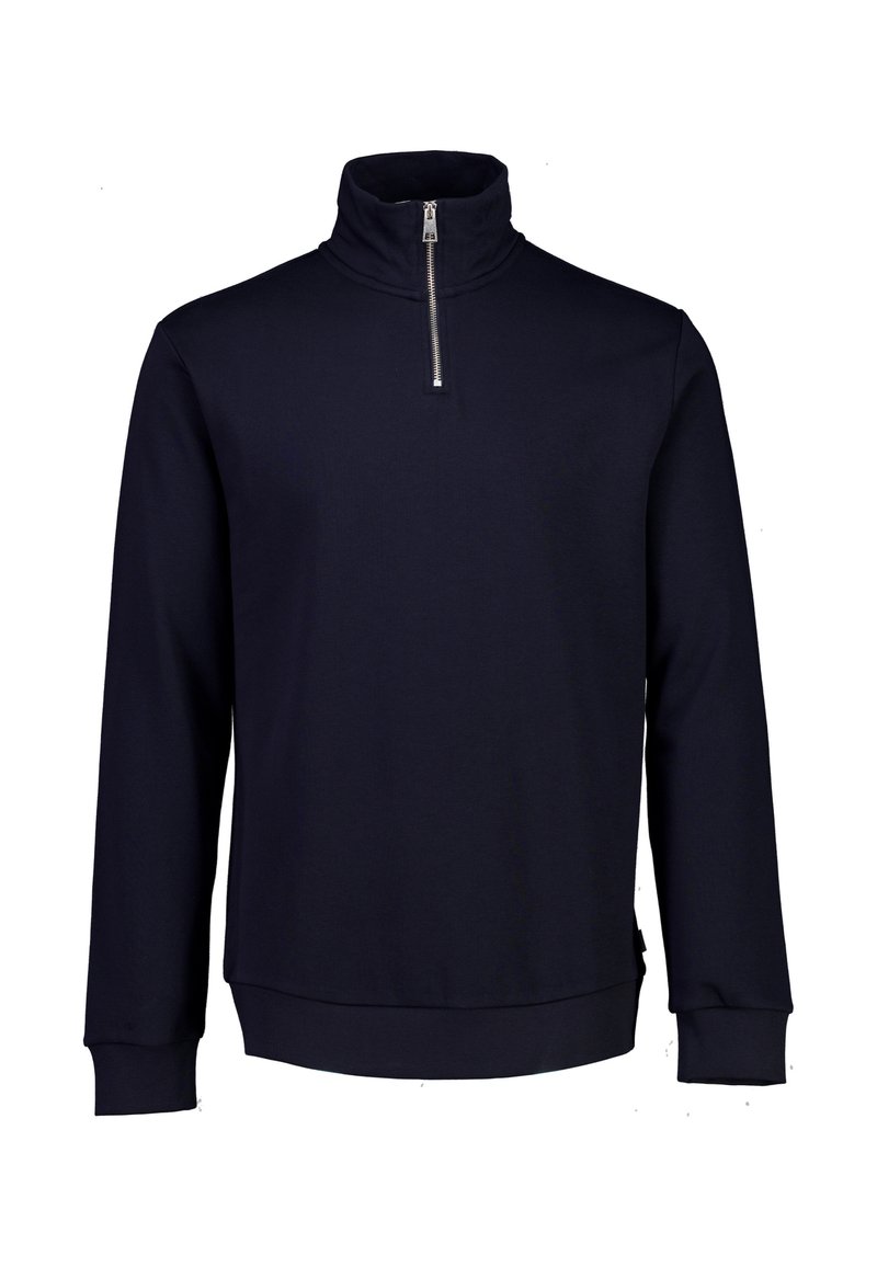 Pullover navy a mezza zip realizzato in morbido misto cotone, con maniche lunghe, polsini a costine e colletto alto per una maggiore calda.