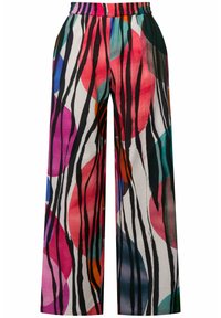 Pantaloni a gamba larga in misto cotone, caratterizzati da un motivo astratto multicolore con dettagli rosa, nero e teal. Vita elasticizzata, tessuto leggero.