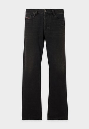 Black denim jeans with a straight leg design, featuring a button closure, five-pocket styling, and subtle faded texture.