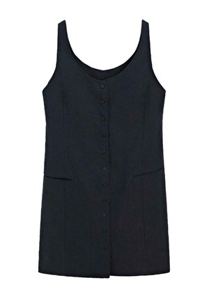 Vestito nero senza maniche con scollatura a girocollo, chiusura frontale con bottoni e due tasche laterali, realizzato in tessuto liscio con una sottile trama.