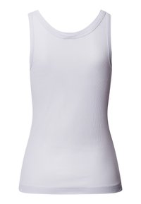 Bílý bezrukávový top z ribového materiálu. Má kulatý výstřih a přiléhavý střih. Žádné viditelné vzory nebo akcenty.