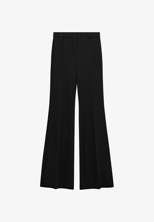 Czarne spodnie z wysokim stanem, szerokimi, rozkloszowanymi nogawkami, szlufkami na pasek oraz ozdobnym kantem z przodu, na białym tle.