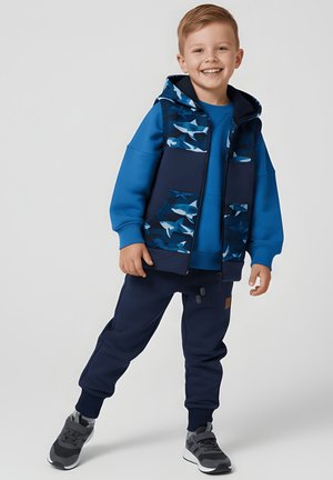 Uśmiechnięty chłopiec w niebieskiej bluzie, granatowych spodniach dresowych, bezrękawniku z wzorem rekina i szarych trampkach, stojący na jednej nodze na jasnym tle.