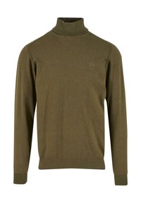 Olivgrüner Langarmkragenpullover mit gerippten Bündchen und Saum sowie einem dezent gestickten Logo auf der linken Brust.