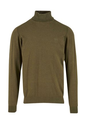 Olive roheline pikkade varrukate ja kõrge kaelusega sviiter, ribaga mansettide ja hemiga, ning peene tikandiga logo vasakul rinnal.