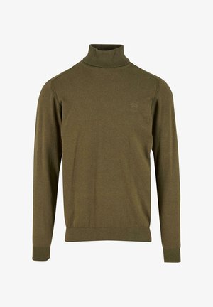 Olivgrön långärmad polotröja med ribbade muddar och nederkant, samt en diskret broderad logotyp på vänster bröst.