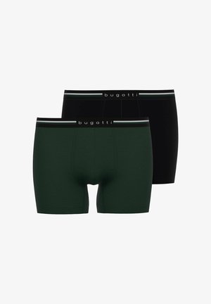 Zwei Boxershorts für Herren, eine dunkelgrün und eine schwarz, beide mit elastischem Bund mit der Marke "bugatti" und horizontalen Streifenakzenten.