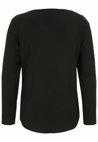 Schwarzes Langarmshirt mit Rundhalsausschnitt, glatter Textur und leicht abgerundetem Saum. Schlichtes und vielseitiges Design ohne Verzierungen.