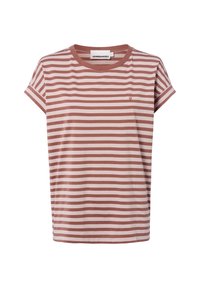 Gestreiftes T-Shirt in staubigem Rosa und Hellrosa, kurze Ärmel, runder Halsausschnitt, aus weichem Baumwollmaterial, mit kleinem Logo auf der Vorderseite.