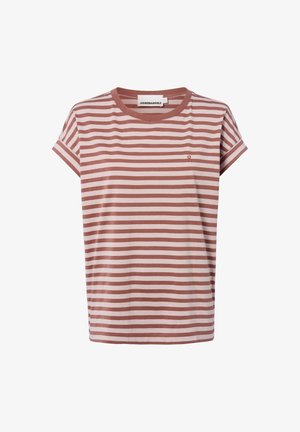 Gestreepte t-shirt in stofroze en lichtroze, korte mouwen, ronde halslijn, zacht katoen materiaal, met een klein logo op de voorkant.