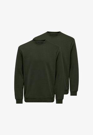 Deux sweat-shirts à manches longues vert foncé avec col rond, poignets et ourlet côtelés, présentés sur un fond blanc.