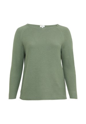 Grüner langärmeliger Pullover aus strukturiertem Strickstoff mit weitem Halsausschnitt und abgerundetem Saum; bietet dezente Rippenverzierungen.