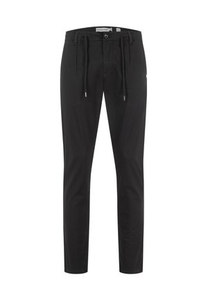 Pantalon noir slim avec bouton, fermeture éclair, passants pour ceinture et taille à cordon, fabriqué en tissu lisse.