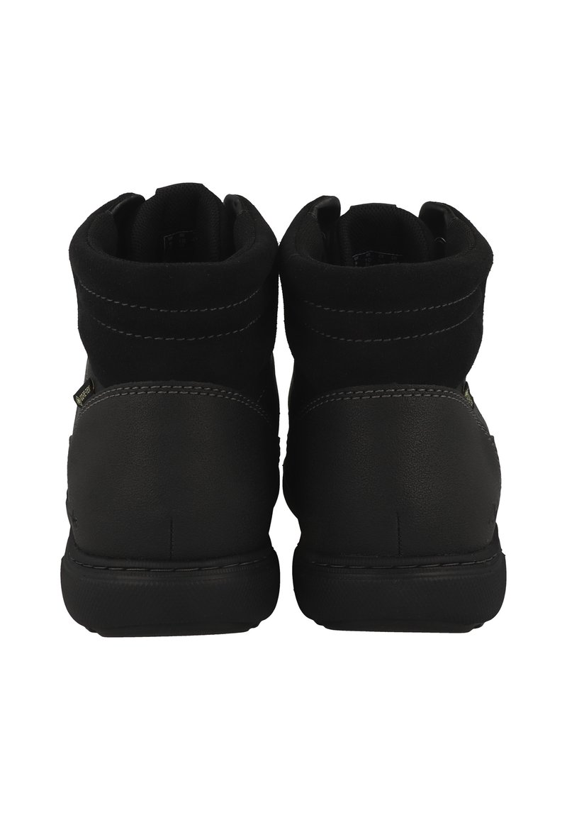 Schwarze Stiefeletten mit strukturiertem Obermaterial, gepolstertem Schaft, kontrastierenden Nähten und Gummisohle. Verfügt über einen seitlichen Reißverschluss für ein einfaches An- und Ausziehen.