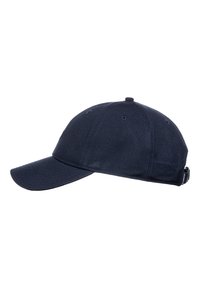 Marineblaue Baseballmütze aus strukturiertem Stoff, mit einem gebogenen Schirm und verstellbarem Riemen auf der Rückseite. Sechsteiliges Design mit Belüftungsöffnungen.