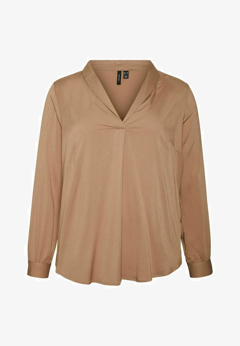 Långärmad blus i ljusbrunt tyg med V-ringning, som har en framtill veckad detalj och smalnande ärmar med knäppte manschetter.