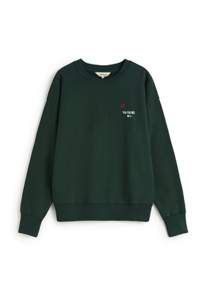 Donkergroene sweatshirt met een ronde hals, geribbelde manchetten en zoom. Voorzien van een kleine rode bloemembroidery met de tekst "THINKING MU."