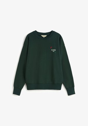 Dark green sweatshirt with a crew neck, ribbed cuffs, and hem. Features a small red floral embroidery with the text "THINKING MU."