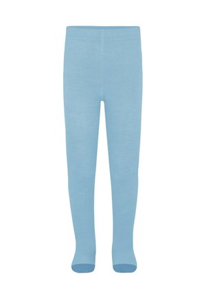 Helle blaue Leggings aus dehnbarem Baumwollstoff. Sie weisen eine glatte Textur und ein eng anliegendes Design auf, das von der Taille bis zu den Knöcheln reicht.