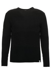 Suéter negro de punto con cuello redondo y mangas largas. Presenta un patrón texturizado y una pequeña etiqueta de marca en el dobladillo.