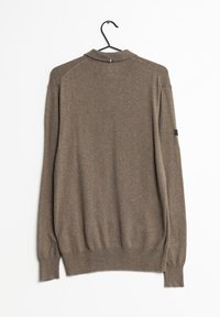 Bruine, langmouwpullover met kraag, gemaakt van zachte stof, met een zwart accent op de mouw en geribde manchetten.