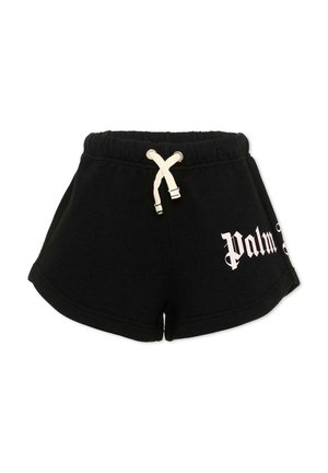 Pantaloncini con vita elastica nera, coulisse bianca e scritta "Palm" bianca sulla gamba sinistra, realizzati in tessuto morbido con orli curvi.