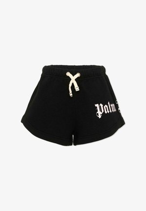 Shorts con cintura elástica negra, cordón blanco y texto blanco "Palm" en la pierna izquierda, hechos de tela suave con dobladillos curvos.