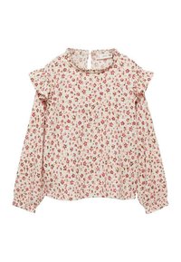 Floral blouse with a cream background, featuring small pink and brown flowers, ruffled sleeves, and a keyhole back closure.