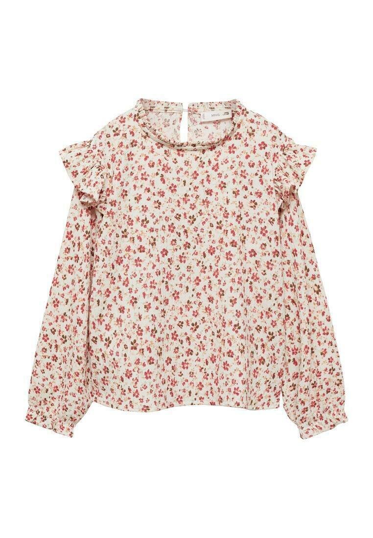 Floral blouse with a cream background, featuring small pink and brown flowers, ruffled sleeves, and a keyhole back closure.