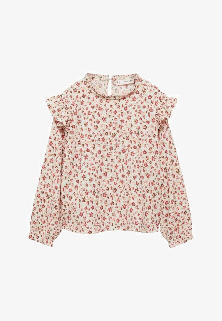 Blusa floreale con sfondo crema, caratterizzata da piccoli fiori rosa e marroni, maniche volants e chiusura a occhiello sul retro.
