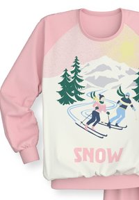 Roze en witte sweatshirt met een ski-thema graphic met twee skiers, dennenbomen, bergen en het woord "SNOW" in vetgedrukte roze letters.