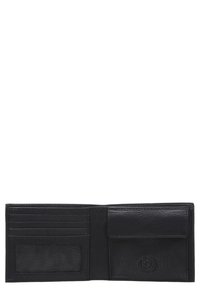 Black leather wallet featuring a textured finish, multiple card slots, a transparent ID window, and a snap closure compartment.