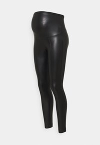 Svarta leggings i konstläder för gravida med hög midja, slät textur och smal passform. Har subtila sid sömmar för struktur.