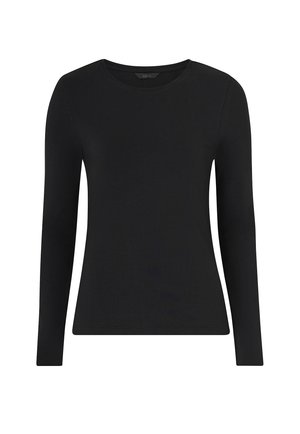 Zwart T-shirt met lange mouwen van zachte stof, voorzien van een ronde hals en een aangesloten ontwerp, zonder zichtbare patronen of versieringen.