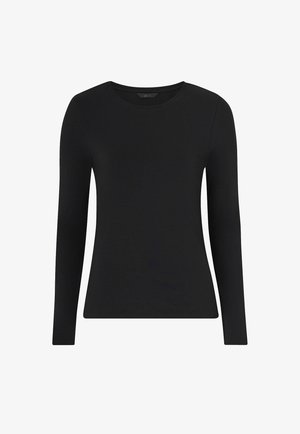 T-shirt noir à manches longues en tissu doux, avec un col rond et une coupe ajustée, sans motifs ni embellissements visibles.
