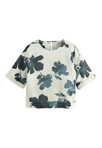 Floral graphic short-sleeve top in light cream with dark green and blue flower patterns. Round neckline and back keyhole detail.