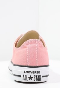 Różowe płócienne trampki typu low-top widziane z tyłu, z białą podeszwą i czarno-białą metką "Converse All Star" na pięcie.