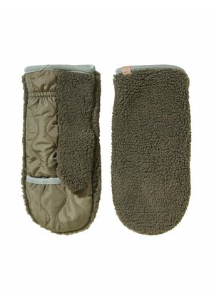 Grønne vanter med en quiltet stofoverflade og blødt, tekstureret fleece-fór. Bemærkelsesværdige detaljer inkluderer en elastisk manchet og accentkanter.