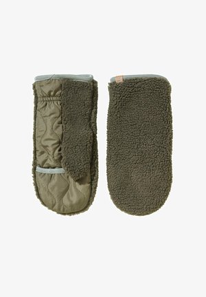 Green mittens featuring a quilted fabric exterior and plush, textured fleece lining. Notable details include an elastic cuff and accent trim.