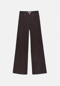 Wijduitlopende zwarte corduroy broek met gestructureerde ribbels, heeft een hoge taille, voorzakken en hardware in zilvertint.