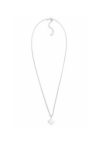 Silver chain necklace featuring a smooth, four-leaf clover-shaped pendant. The chain is thin and adjustable with a lobster clasp.