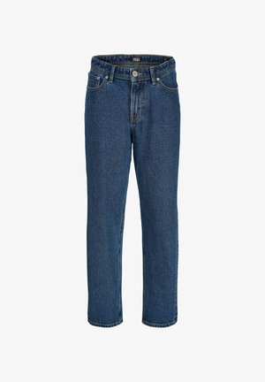 Kék farmernadrág egyenes szabással, ötlukú kialakítással, látható varrással és fém gombzárral. Könnyű anyag enyhe textúrával.