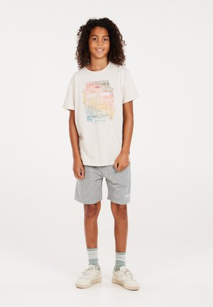 Hellgraues T-Shirt mit einem bunten Grafikmotiv eines Fahrzeugs, kombiniert mit grauen Shorts. Weiße Sneakers und mintgrün gestreifte Socken vervollständigen den Look.