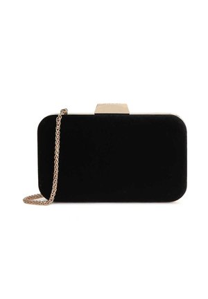 Black velvet clutch with gold-tone hardware, rectangular shape, and chain strap, featuring a smooth texture and no visible patterns.