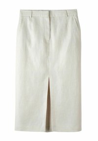 Sukně ke kolenům v lehkém béžovém lnu, s předním rozparkem, dvěma bočními kapsami a přizpůsobeným pasem s poutky na opasek.