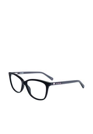 Occhiali da vista neri a forma di occhi di gatto con lenti trasparenti e logo "Love Moschino" con un piccolo dettaglio a forma di cuore sulle aste.