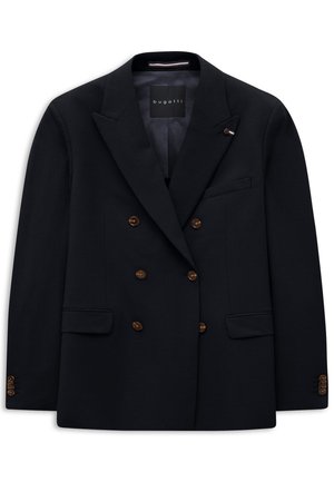 Schwarzer, doppelreihiger Blazer mit sechs braunen Knöpfen, Kerbkragen, Brusttasche, zwei vorderen Pattentaschen und Knopfmanschetten, mit dem Label "bugatti."