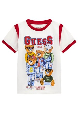 T-shirt bianco con maniche corte rosse, caratterizzato da una grafica colorata di orsi dei cartoni in abbigliamento. Il testo recita "L'AMICIZIA NON FINISCE MAI".