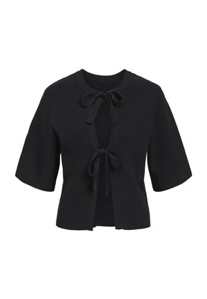 Black knitted cardigan with short sleeves, open front, and two tied straps at the neckline. Textured fabric with ribbed design.